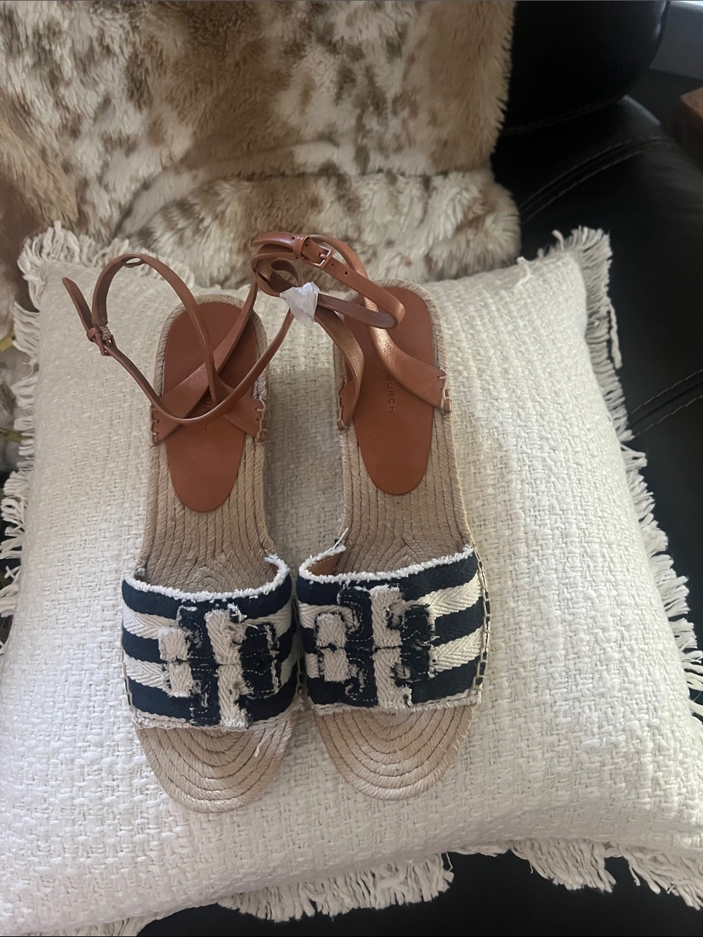 TB Brown Leather Ankle-Strap Espadrille Sandals with Black & White Striped Upper